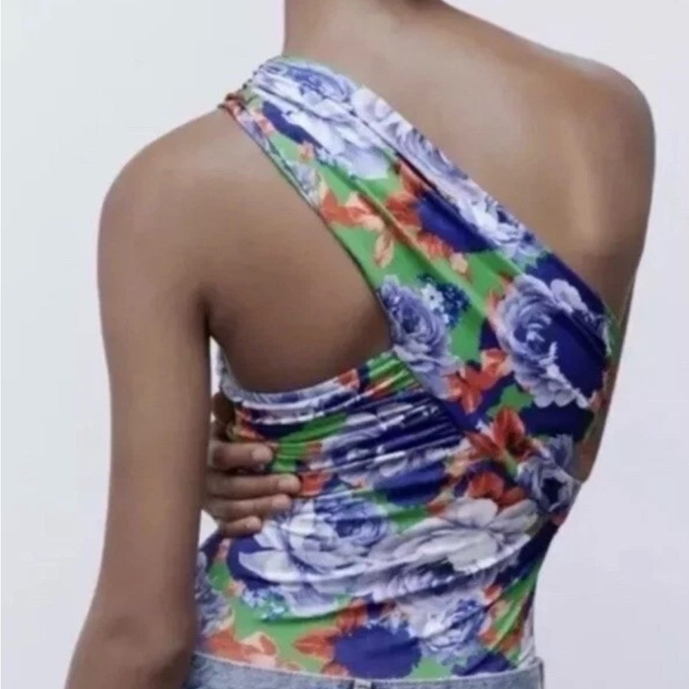 Zara Blue & Green Floral Asymmetrical Summer Resort Bodysuit Size Small NWT - Picture 7 of 9